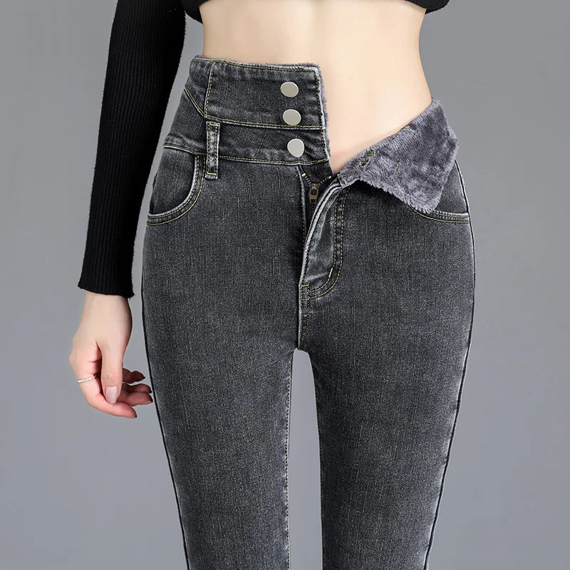 Thermische Winter-dicke Fleece-High-Waist-warme Skinny Jeans Dicke Damen Stretch-Knopf-Bleistifthose Mama lässige Samtjeans