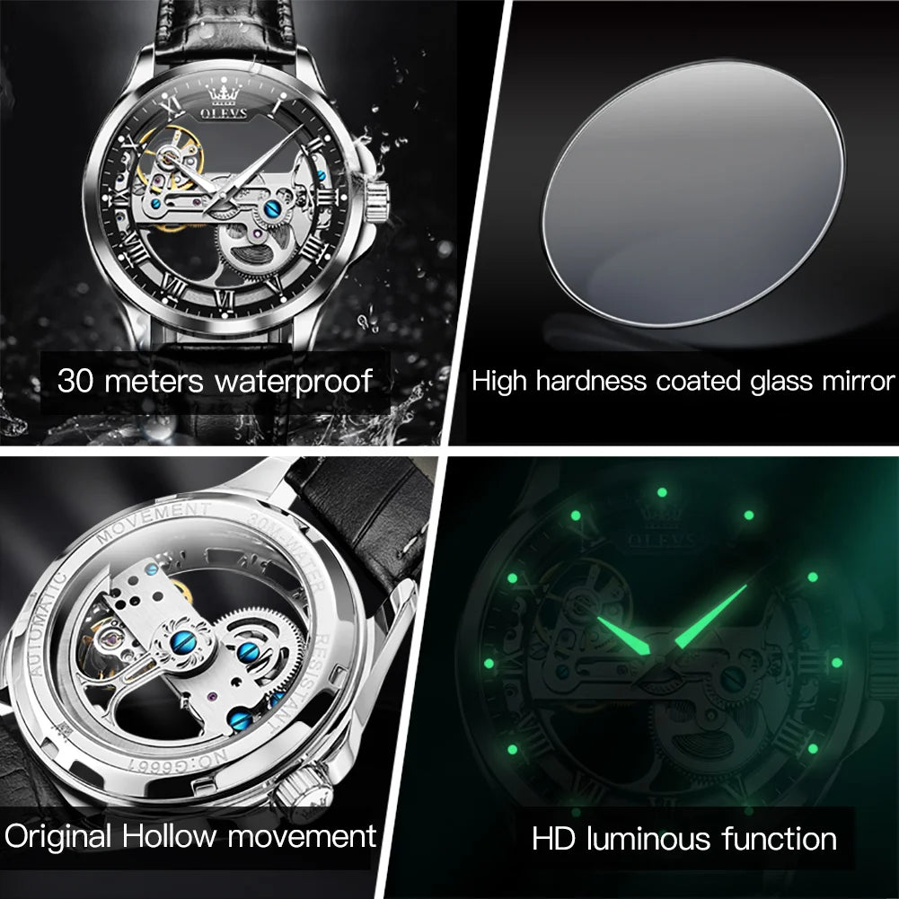 Collage of a watch with features highlighted, including waterproof rating, glass mirror hardness, hollow movement, and luminous function.