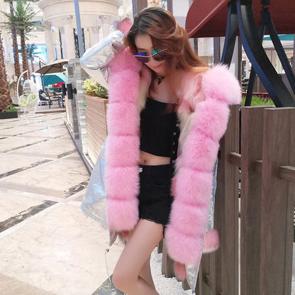 MAOMAOKONG Brand Long Winter Jacket Women Outwear Thick Parkas Natural Real Fox Fur Collar Coat Hooded Pink Female Clothing