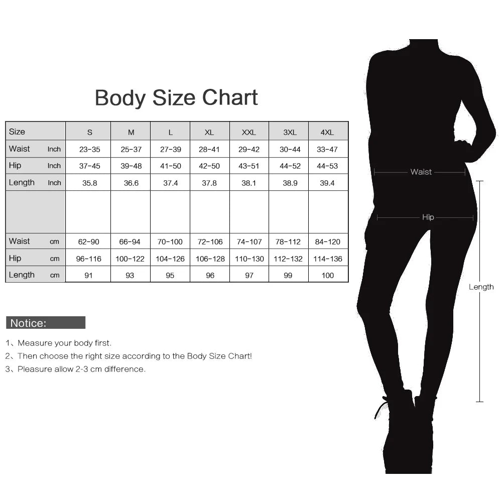 Body size chart with measurements and a silhouette of a person for reference