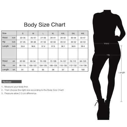 Body size chart with measurements and a silhouette of a person for reference
