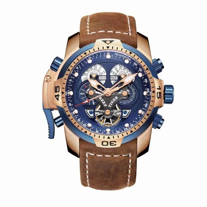 Reef Tiger/RT Luxusmarke Blaue Militär-Herrenuhr Lederarmband Stahl Automatikuhr Wasserdicht Relogio Masculino RGA3503