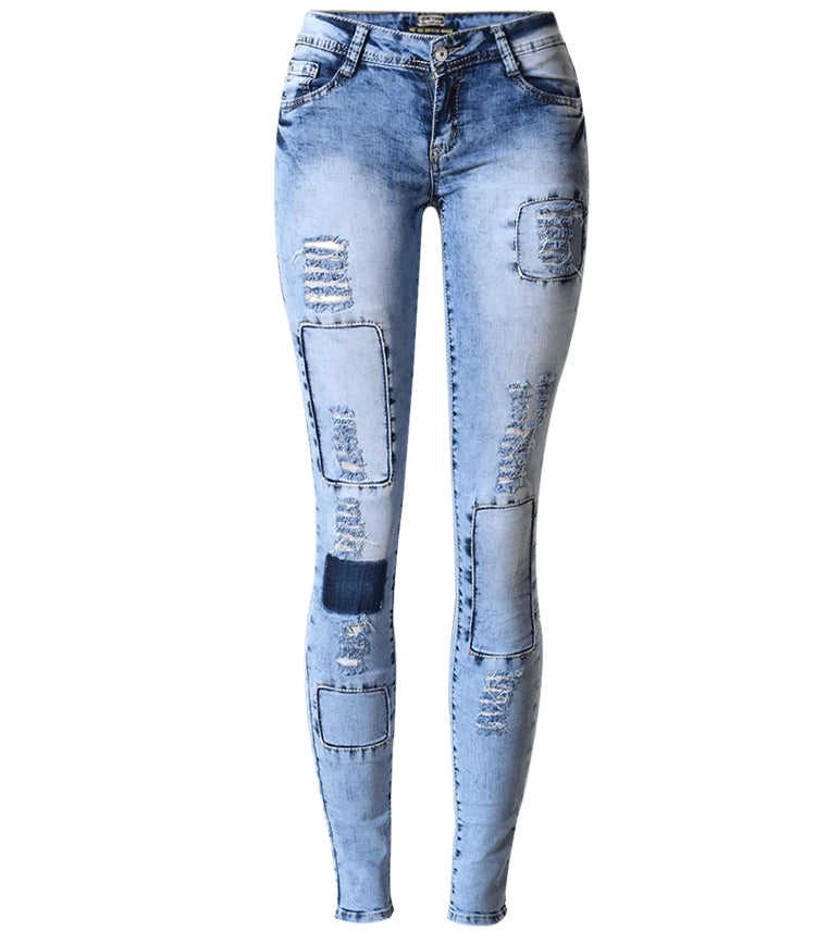 Sky Blue Patchwork Skinny Jeans | Women Push Up