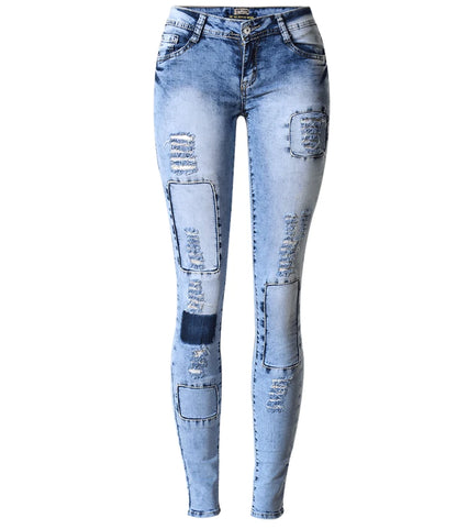 Sky Blue Patchwork Skinny Jeans | Women Push Up