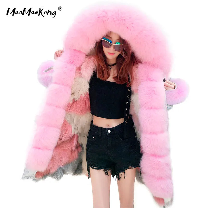 MAOMAOKONG Brand Long Winter Jacket Women Outwear Thick Parkas Natural Real Fox Fur Collar Coat Hooded Pink Female Clothing