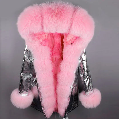 MAOMAOKONG Brand Long Winter Jacket Women Outwear Thick Parkas Natural Real Fox Fur Collar Coat Hooded Pink Female Clothing