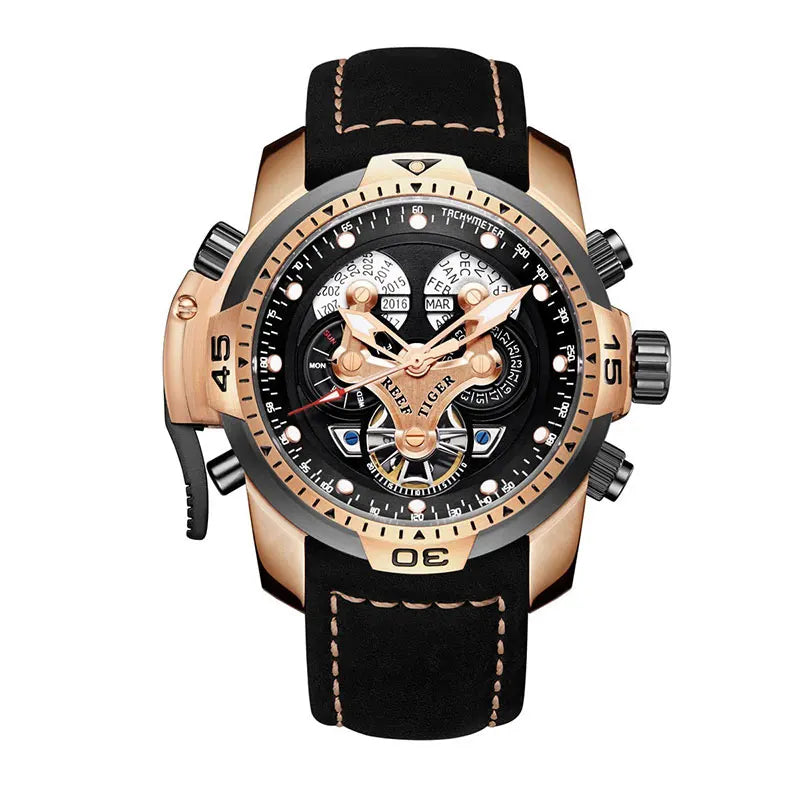 Reef Tiger/RT Luxusmarke Blaue Militär-Herrenuhr Lederarmband Stahl Automatikuhr Wasserdicht Relogio Masculino RGA3503
