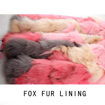 MAOMAOKONG Brand Long Winter Jacket Women Outwear Thick Parkas Natural Real Fox Fur Collar Coat Hooded Pink Female Clothing