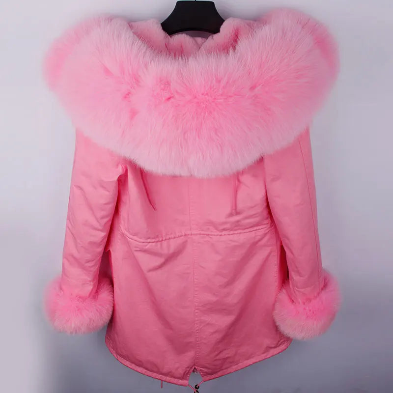 MAOMAOKONG Brand Long Winter Jacket Women Outwear Thick Parkas Natural Real Fox Fur Collar Coat Hooded Pink Female Clothing