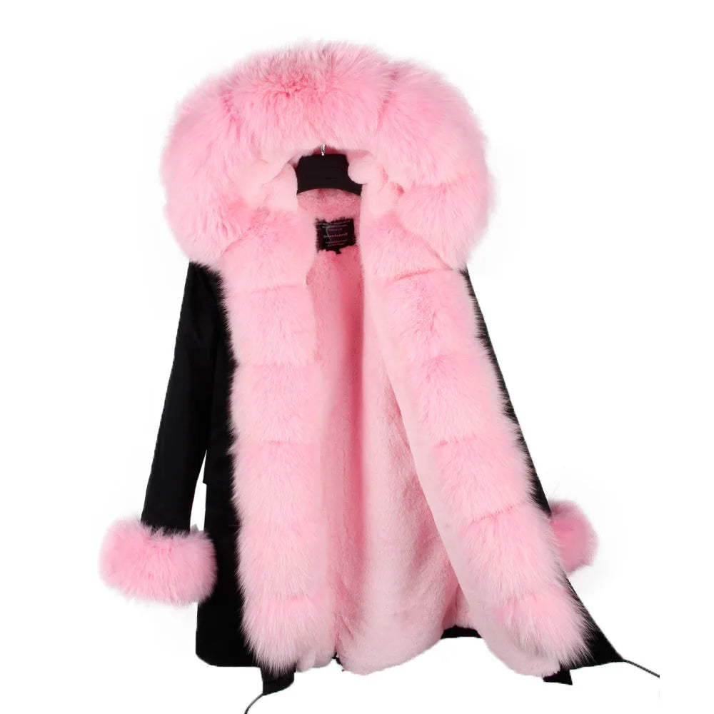 MAOMAOKONG Brand Long Winter Jacket Women Outwear Thick Parkas Natural Real Fox Fur Collar Coat Hooded Pink Female Clothing