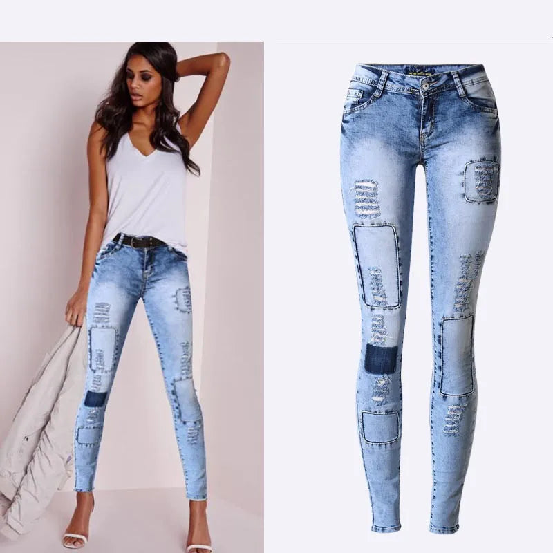 Sky Blue Patchwork Skinny Jeans | Women Push Up