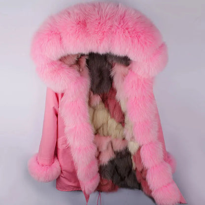 MAOMAOKONG Brand Long Winter Jacket Women Outwear Thick Parkas Natural Real Fox Fur Collar Coat Hooded Pink Female Clothing