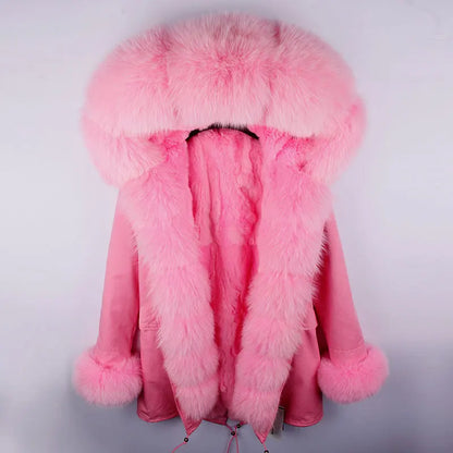 MAOMAOKONG Brand Long Winter Jacket Women Outwear Thick Parkas Natural Real Fox Fur Collar Coat Hooded Pink Female Clothing