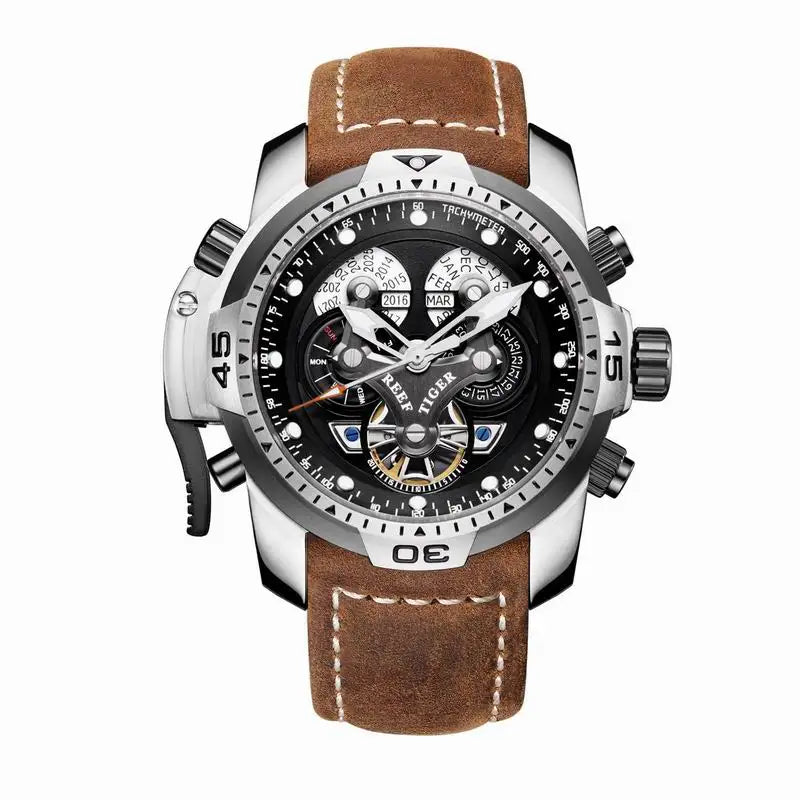 Reef Tiger/RT Luxusmarke Blaue Militär-Herrenuhr Lederarmband Stahl Automatikuhr Wasserdicht Relogio Masculino RGA3503