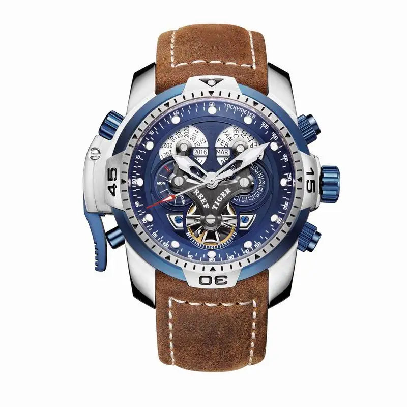 Reef Tiger/RT Luxusmarke Blaue Militär-Herrenuhr Lederarmband Stahl Automatikuhr Wasserdicht Relogio Masculino RGA3503