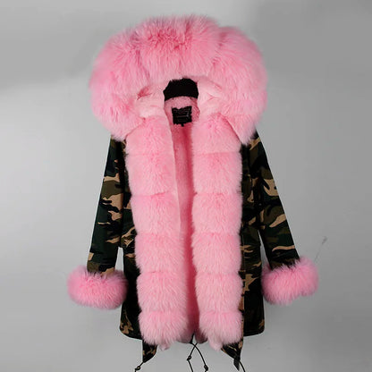 MAOMAOKONG Brand Long Winter Jacket Women Outwear Thick Parkas Natural Real Fox Fur Collar Coat Hooded Pink Female Clothing