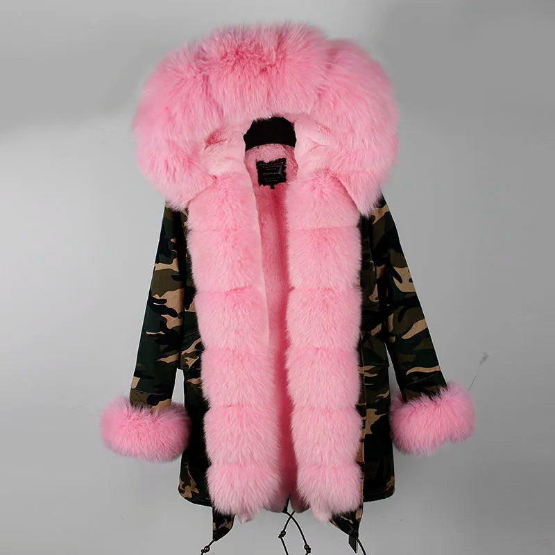 MAOMAOKONG Brand Long Winter Jacket Women Outwear Thick Parkas Natural Real Fox Fur Collar Coat Hooded Pink Female Clothing