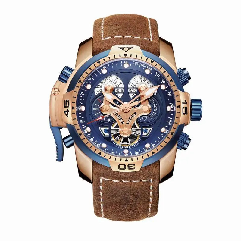 Reef Tiger/RT Luxusmarke Blaue Militär-Herrenuhr Lederarmband Stahl Automatikuhr Wasserdicht Relogio Masculino RGA3503
