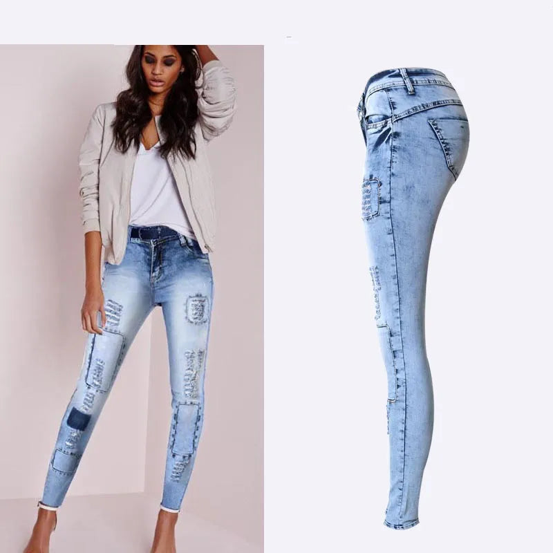 Sky Blue Patchwork Skinny Jeans | Women Push Up