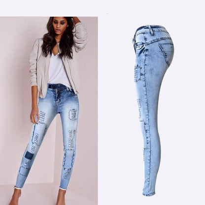 Sky Blue Patchwork Skinny Jeans | Women Push Up