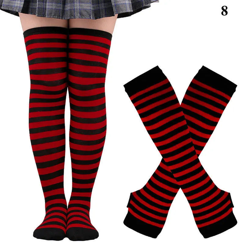 1 Set Damen Mädchen Overknee Lange Gestreifte Bedruckte Oberschenkelhohe Baumwollsocken Armstulpen Handschuhe Süße Niedliche Plus Size Overknee-Socken
