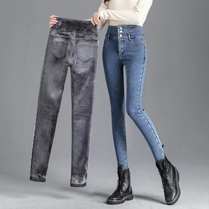 Thermische Winter-dicke Fleece-High-Waist-warme Skinny Jeans Dicke Damen Stretch-Knopf-Bleistifthose Mama lässige Samtjeans