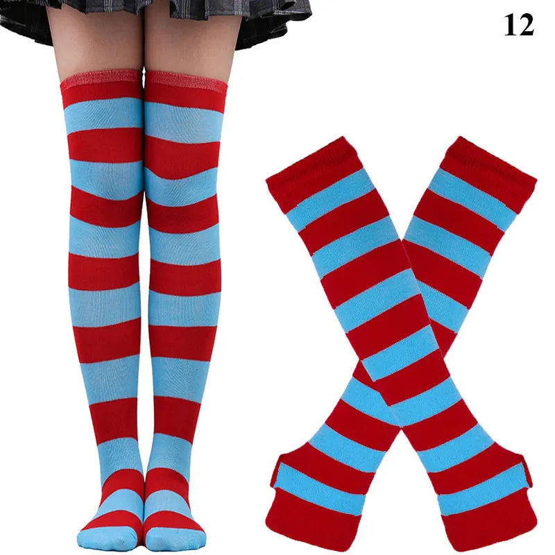 1 Set Damen Mädchen Overknee Lange Gestreifte Bedruckte Oberschenkelhohe Baumwollsocken Armstulpen Handschuhe Süße Niedliche Plus Size Overknee-Socken