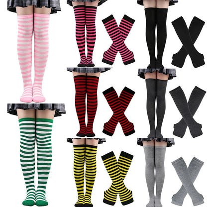 1 Set Damen Mädchen Overknee Lange Gestreifte Bedruckte Oberschenkelhohe Baumwollsocken Armstulpen Handschuhe Süße Niedliche Plus Size Overknee-Socken