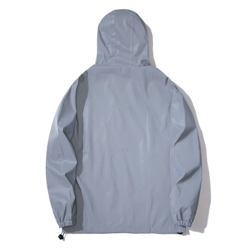 NEUE GRÖSSE Nacht-Reflektierende Jacken Doppeltes Gewebe Windbreaker Kapuzenjacke Herren Hip Hop Tänzer Wasserdichte Reißverschlussmäntel Oberbekleidung