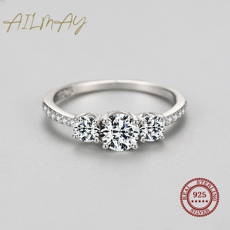 Ailmay Genuine 925 Sterling Silver Luxury Round Emerald Cut Dazzling Zircon Finger Rings For Women Wedding Fine Jewelry Bague