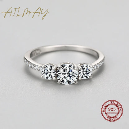 Ailmay Genuine 925 Sterling Silver Luxury Round Emerald Cut Dazzling Zircon Finger Rings For Women Wedding Fine Jewelry Bague