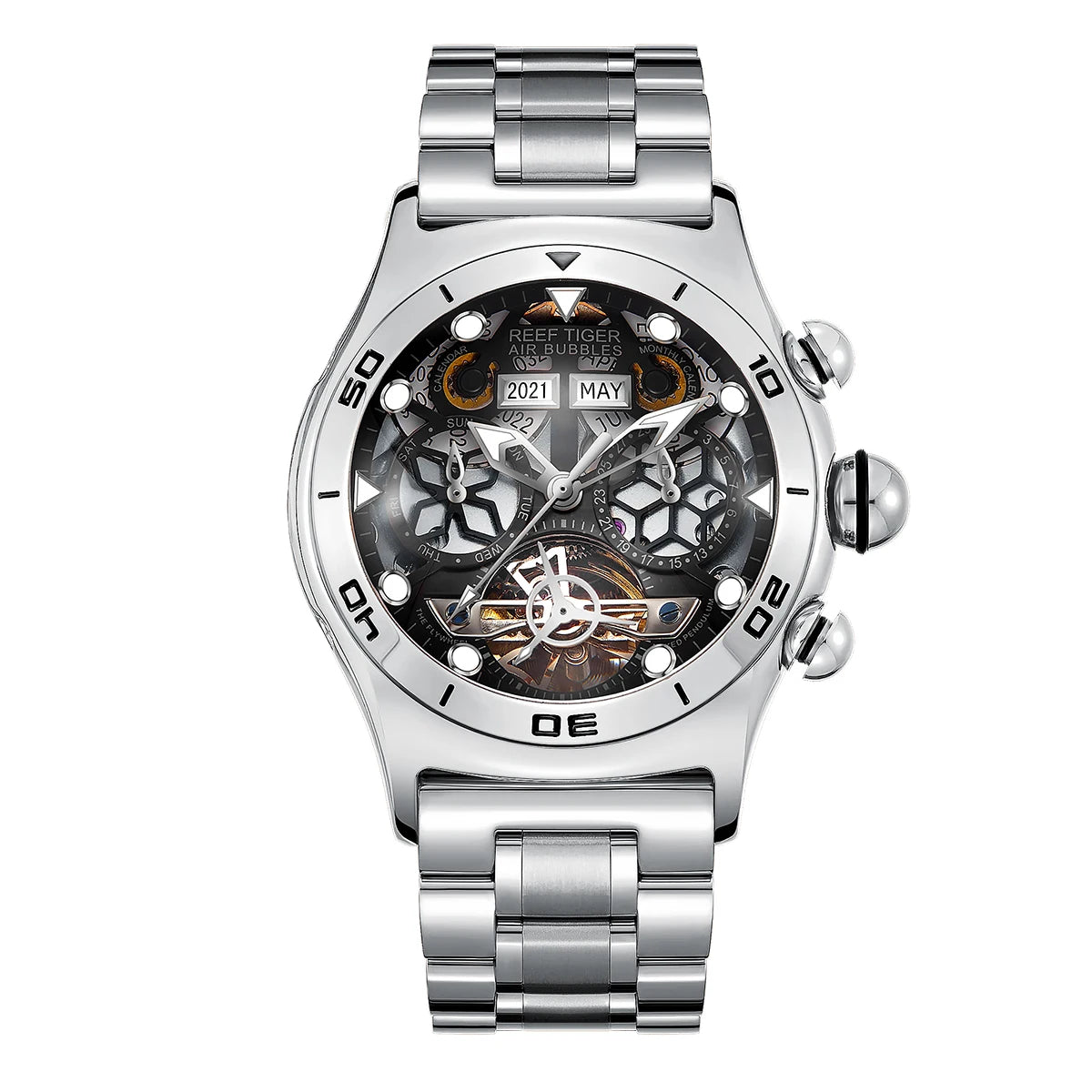 Reef Tiger/RT Sportuhr für Herren Skelett Automatikuhr Leuchtend Jahr Monat Datum Tag Stahlarmband Uhren RGA703