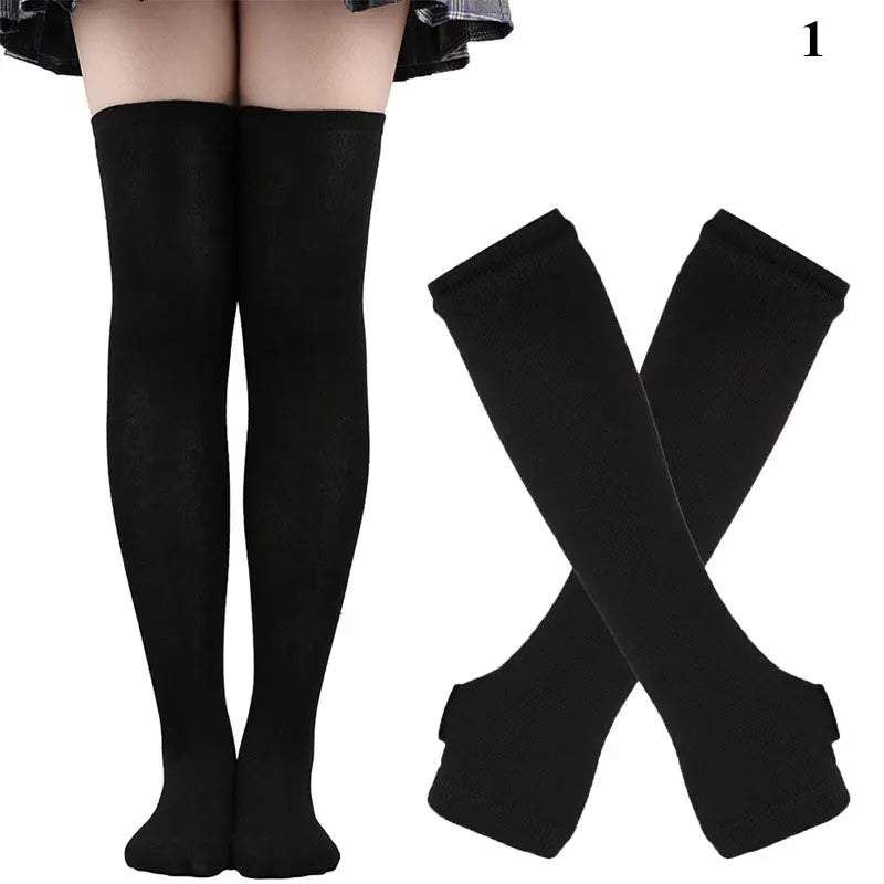 1 Set Damen Mädchen Overknee Lange Gestreifte Bedruckte Oberschenkelhohe Baumwollsocken Armstulpen Handschuhe Süße Niedliche Plus Size Overknee-Socken