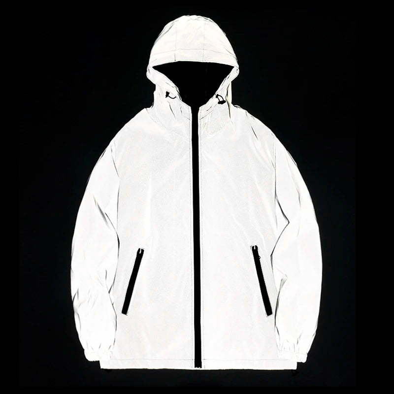 NEUE GRÖSSE Nacht-Reflektierende Jacken Doppeltes Gewebe Windbreaker Kapuzenjacke Herren Hip Hop Tänzer Wasserdichte Reißverschlussmäntel Oberbekleidung
