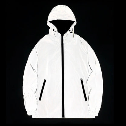 NEUE GRÖSSE Nacht-Reflektierende Jacken Doppeltes Gewebe Windbreaker Kapuzenjacke Herren Hip Hop Tänzer Wasserdichte Reißverschlussmäntel Oberbekleidung
