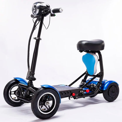 Three-wheeled electric scooter with a seat on a white background