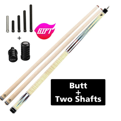 Two pool cues with additional parts and a GTFT logo on a white background.