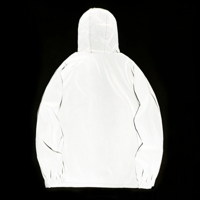 NEUE GRÖSSE Nacht-Reflektierende Jacken Doppeltes Gewebe Windbreaker Kapuzenjacke Herren Hip Hop Tänzer Wasserdichte Reißverschlussmäntel Oberbekleidung