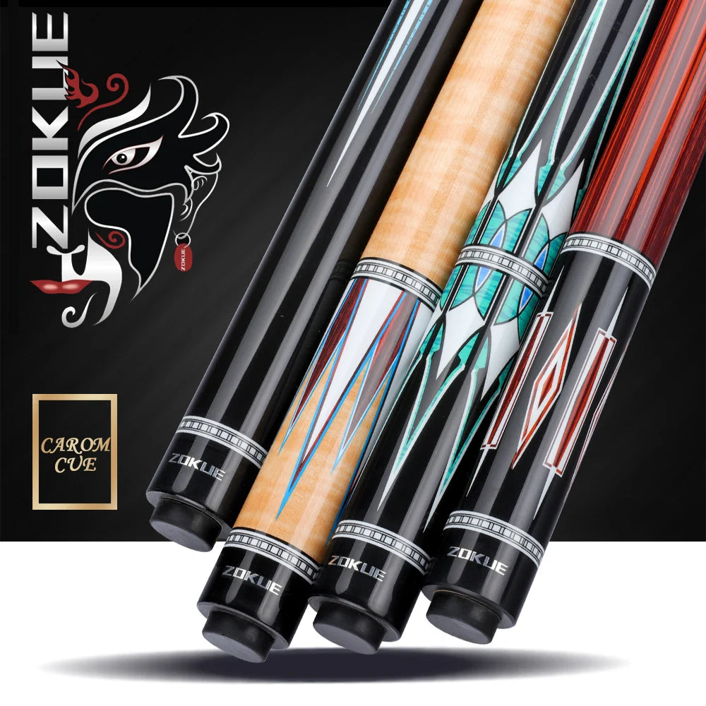 Four pool cues with decorative handles on a black background, featuring the Zokue brand.