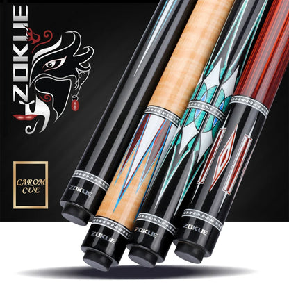 Four pool cues with decorative handles on a black background, featuring the Zokue brand.