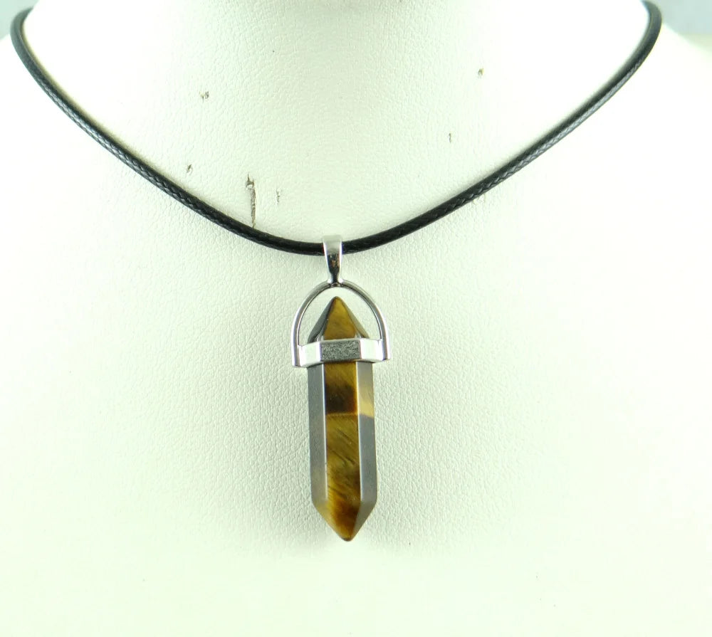 Natural Stone Crystal Hexagonal Pendant — Quartz, Tiger Eye & More