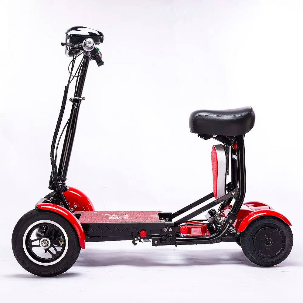 Red and black three-wheeled scooter on a white background