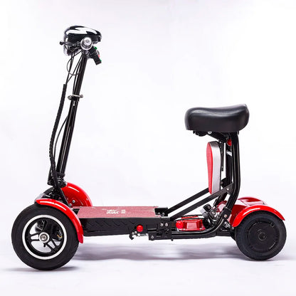 Red and black three-wheeled scooter on a white background