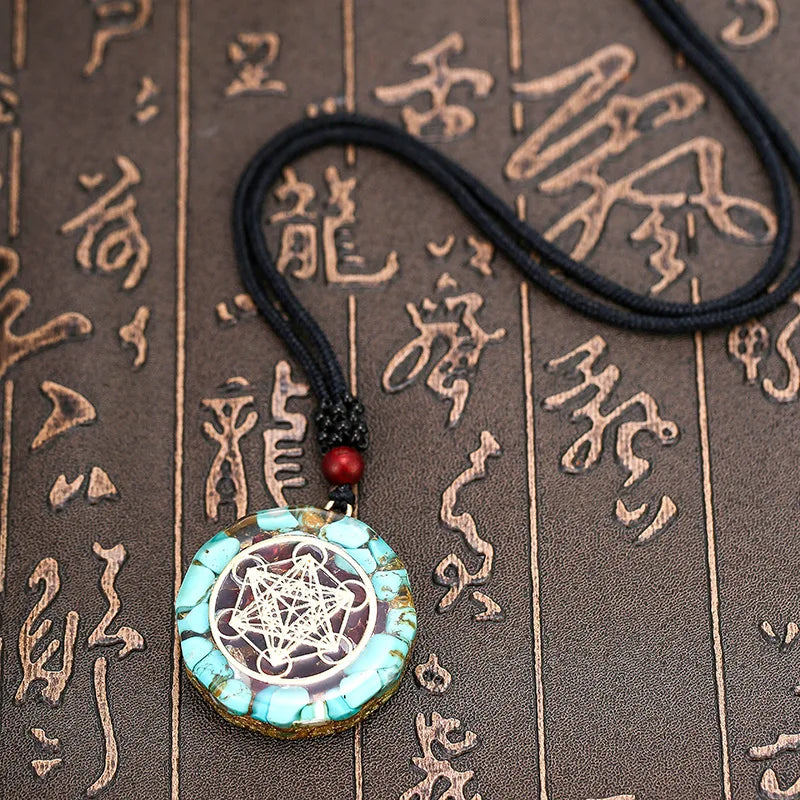 Necklace with a decorative pendant on an ancient text background