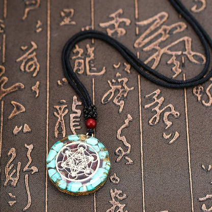 Necklace with a decorative pendant on an ancient text background