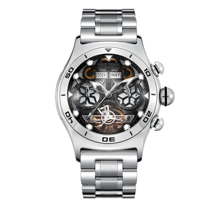 Reef Tiger/RT Sportuhr für Herren Skelett Automatikuhr Leuchtend Jahr Monat Datum Tag Stahlarmband Uhren RGA703