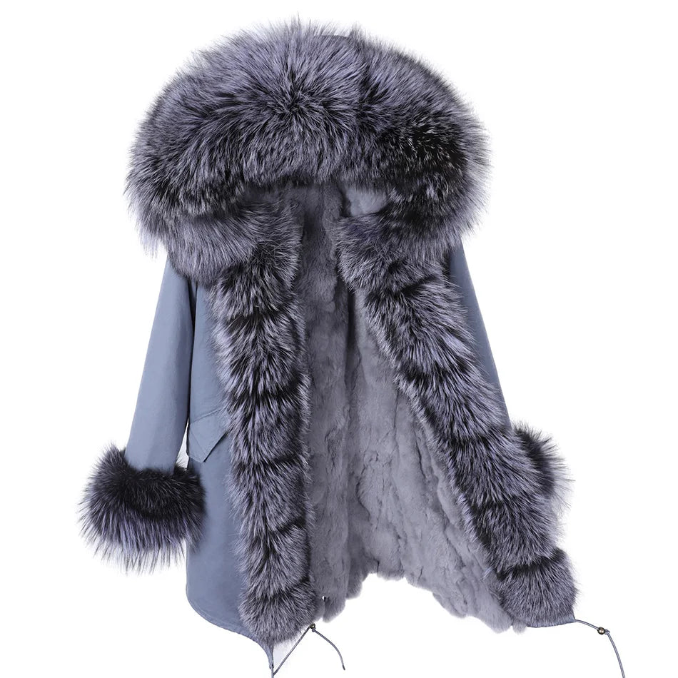 MAOMAOKONG Brand Long Winter Jacket Women Outwear Thick Parkas Natural Real Fox Fur Collar Coat Hooded Pink Female Clothing
