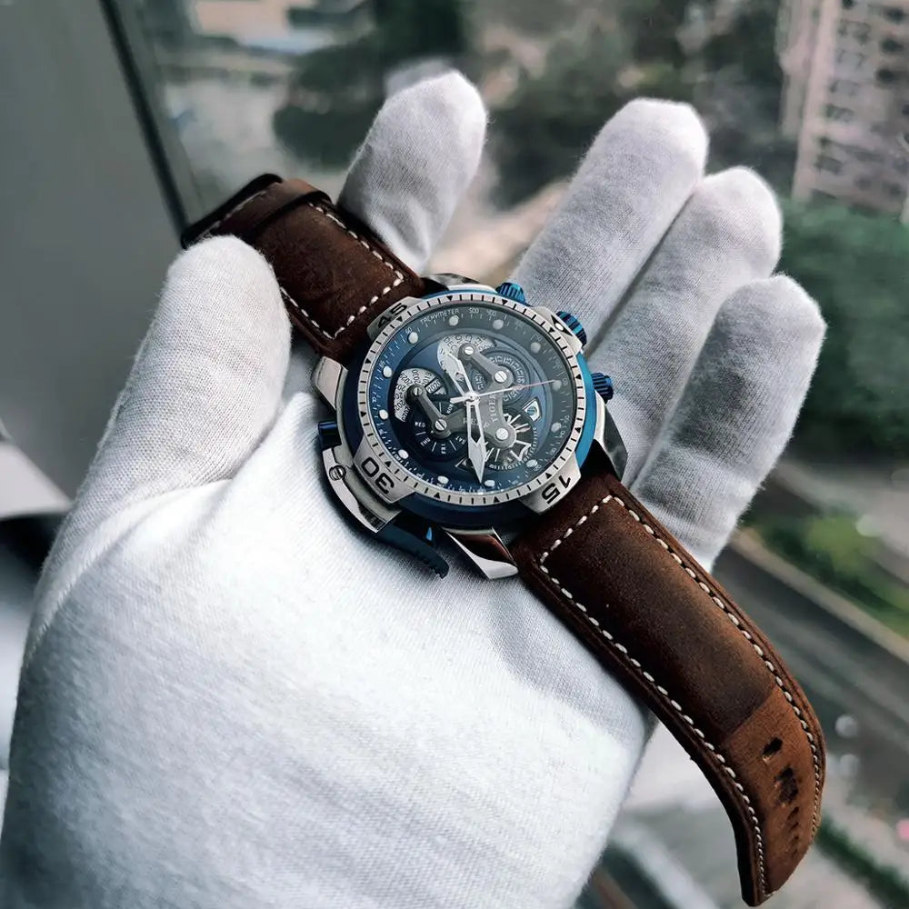 Reef Tiger/RT Luxusmarke Blaue Militär-Herrenuhr Lederarmband Stahl Automatikuhr Wasserdicht Relogio Masculino RGA3503