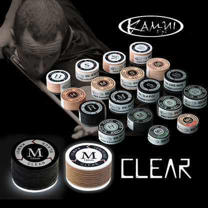 Collection of Kamui clear poker chips with a man holding a board in the background.
