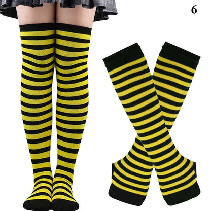 1 Set Damen Mädchen Overknee Lange Gestreifte Bedruckte Oberschenkelhohe Baumwollsocken Armstulpen Handschuhe Süße Niedliche Plus Size Overknee-Socken